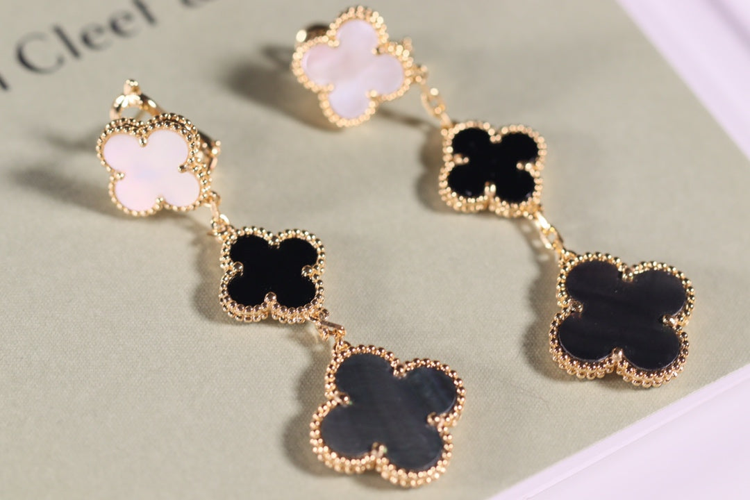 [Regal Jewels]CLOVER EARRINGS GOLD ONYX MOP 3 MOTIF