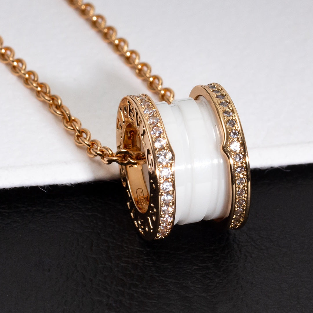 [Aura Jewels]ZERO 1 WHITE CERAMIC PINK GOLD DIAMOND NECKLACE