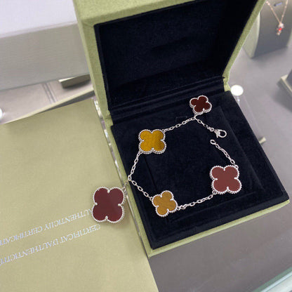 [Regal Jewels]CLOVER 5 MOTIFS SIVLER CARNELIAN TIGER EYE BRACELET