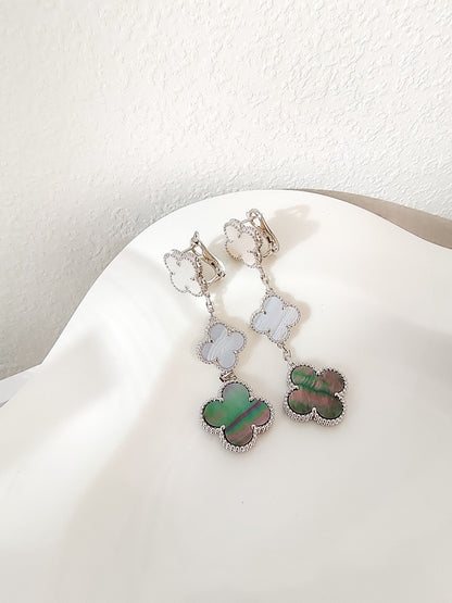 [Regal Jewels]CLOVER 3 MOTIFS CHALCEDONY DARK MOP SILVER EARRINGS