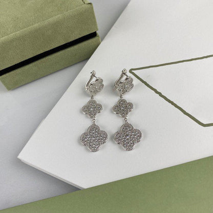 [Regal Jewels]CLOVER 3 MOTIF DIAMOND SILVER DROP EARRINGS