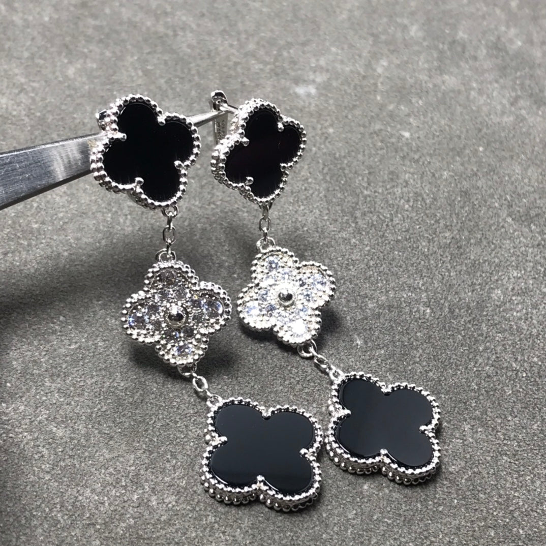 [Regal Jewels]CLOVER 3 MOTIF DIAMOND ONYX SILVER EARRINGS