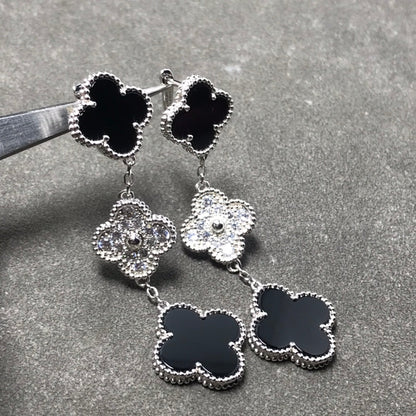 [Regal Jewels]CLOVER 3 MOTIF DIAMOND ONYX SILVER EARRINGS