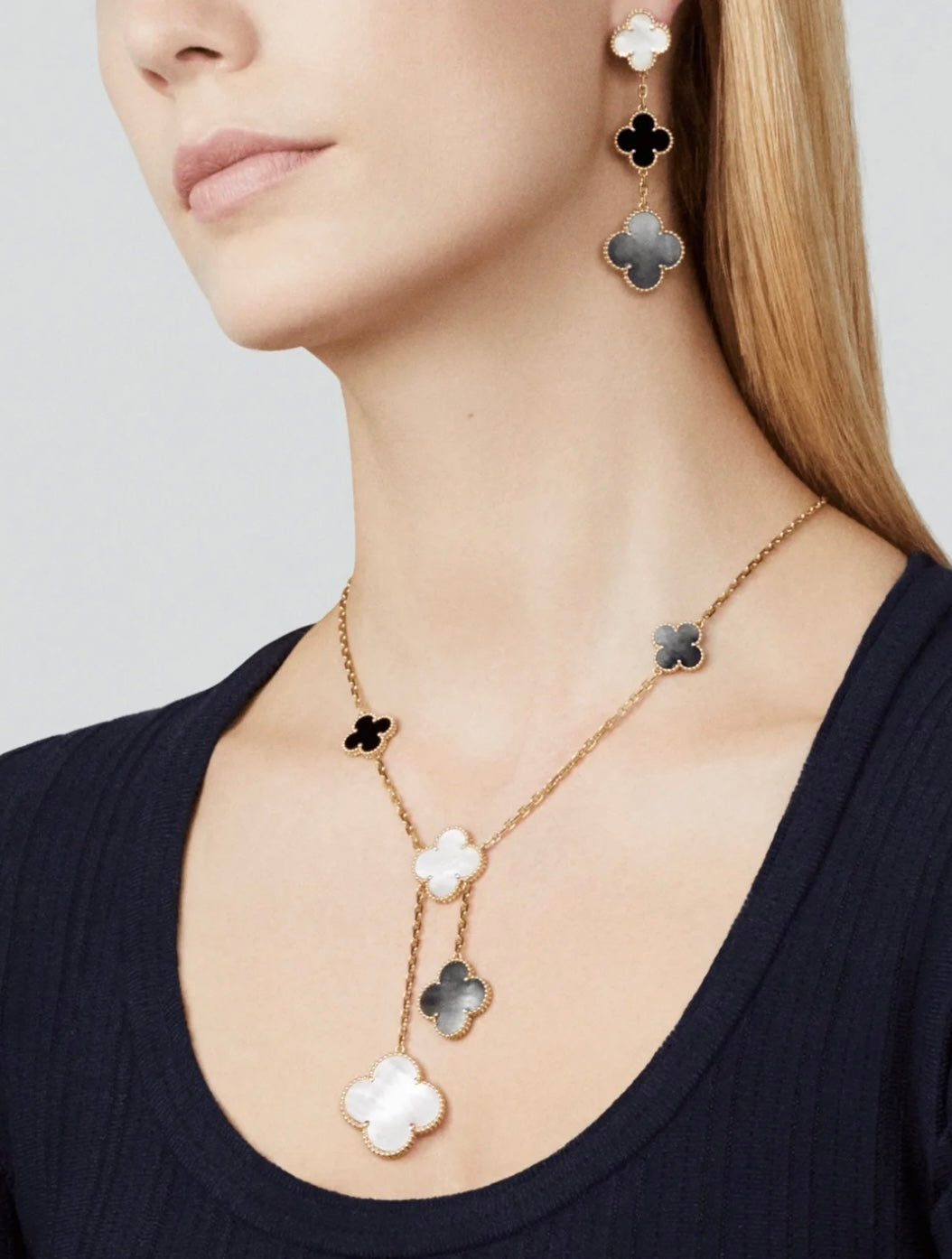 [Regal Jewels]CLOVER 3 MOTIF MOP ONYX DARK MOP PINK GOLD EARRINGS
