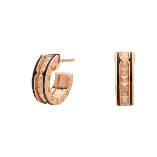 [Aura Jewels]ZERO 1 ROCK PINK GOLD EARRINGS WITH STUDDED SPIRAL AND BLACK CERAMIC