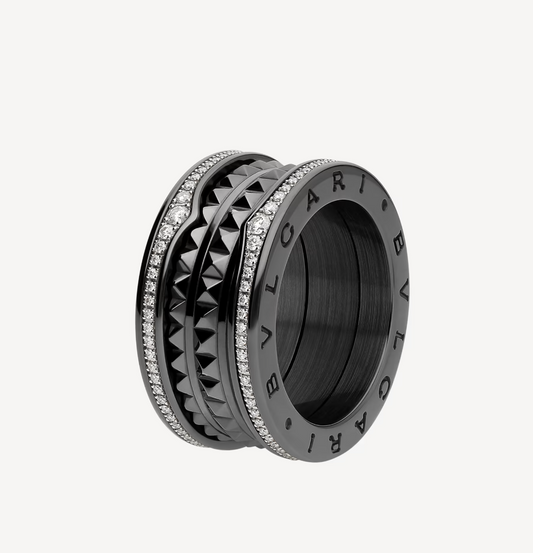 [Aura Jewels]ZERO 1 ROCK FOUR-BAND BLACK CERAMIC WITH STUDDED SPIRAL AND PAVED DIAMONDS RING