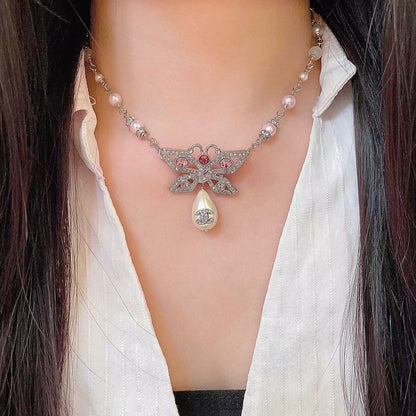 [Regal Jewels] Bow & Pearl Double C Pavé Diamond Necklace