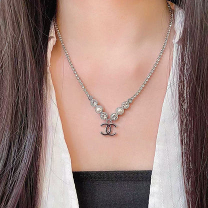 [Regal Jewels]Double C Necklace with Pearls & Cubic Zirconia