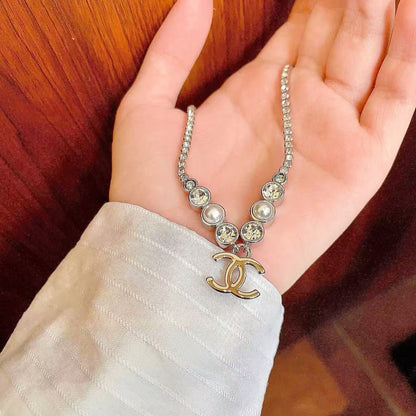 [Regal Jewels]Double C Necklace with Pearls & Cubic Zirconia