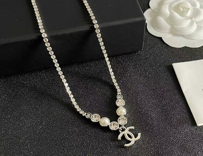 [Regal Jewels]Double C Necklace with Pearls & Cubic Zirconia