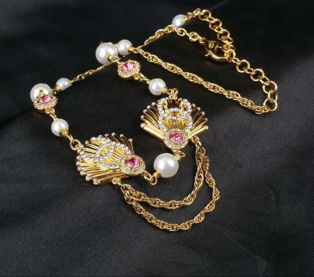 [Regal Jewels]Vintage Fan Motif Double CC Crystal & Pearl Necklace