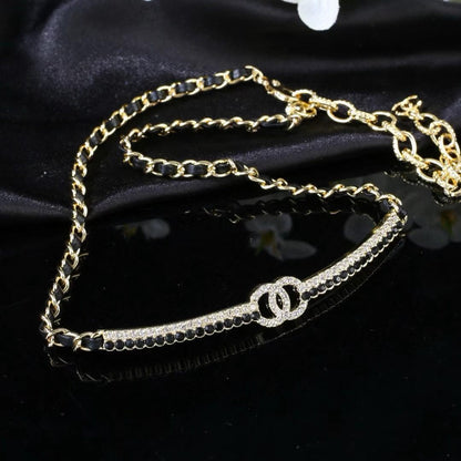 [Regal Jewels]Black Leather Interwoven Crystal CC Choker Necklace