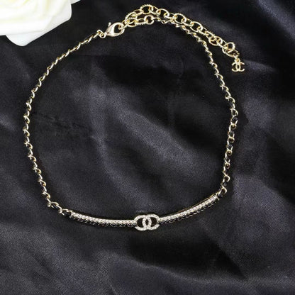 [Regal Jewels]Black Leather Interwoven Crystal CC Choker Necklace