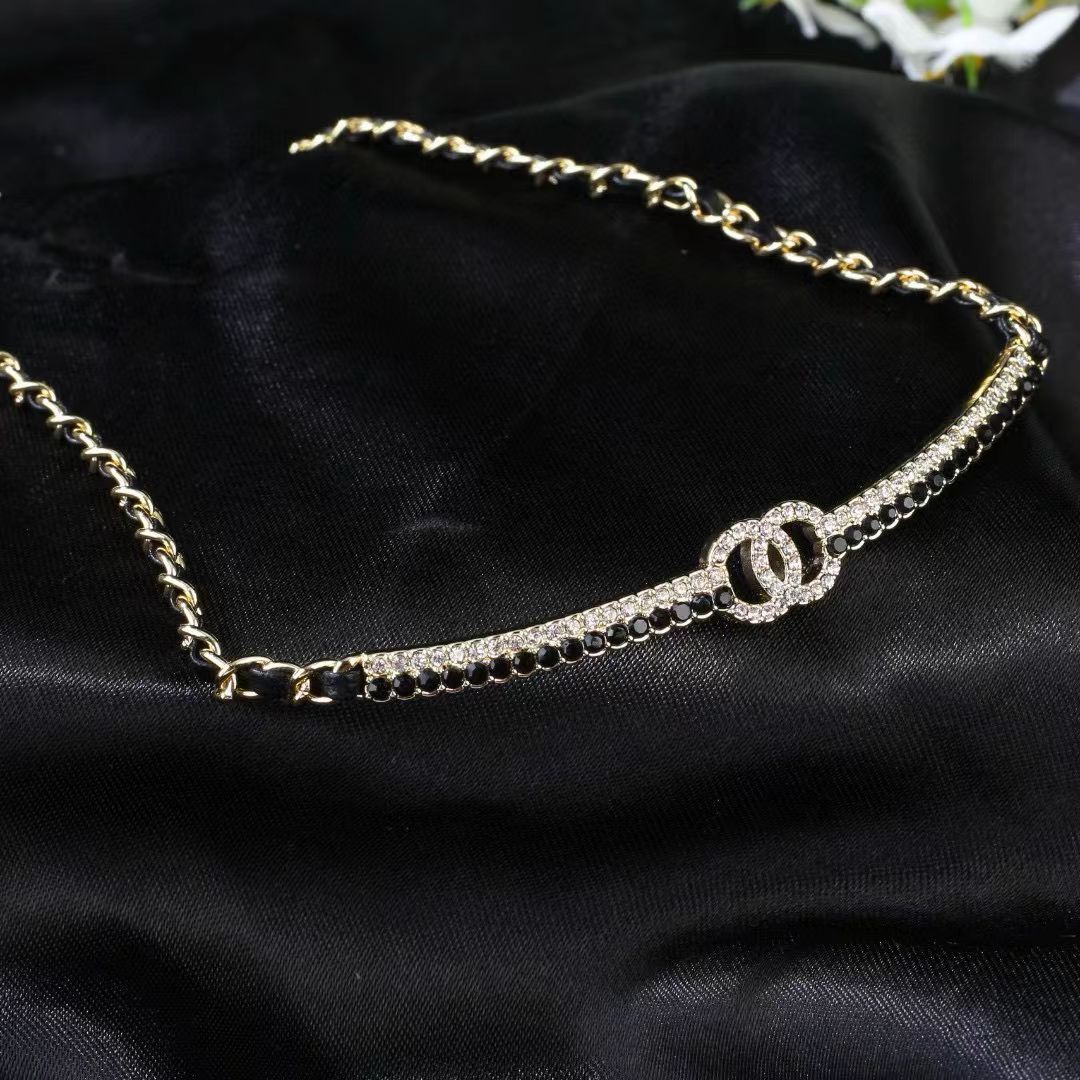 [Regal Jewels]Black Leather Interwoven Crystal CC Choker Necklace