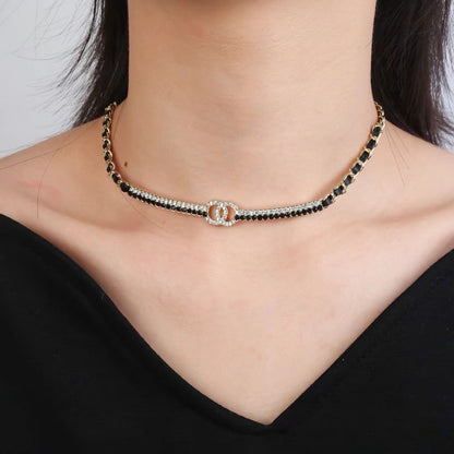 [Regal Jewels]Black Leather Interwoven Crystal CC Choker Necklace