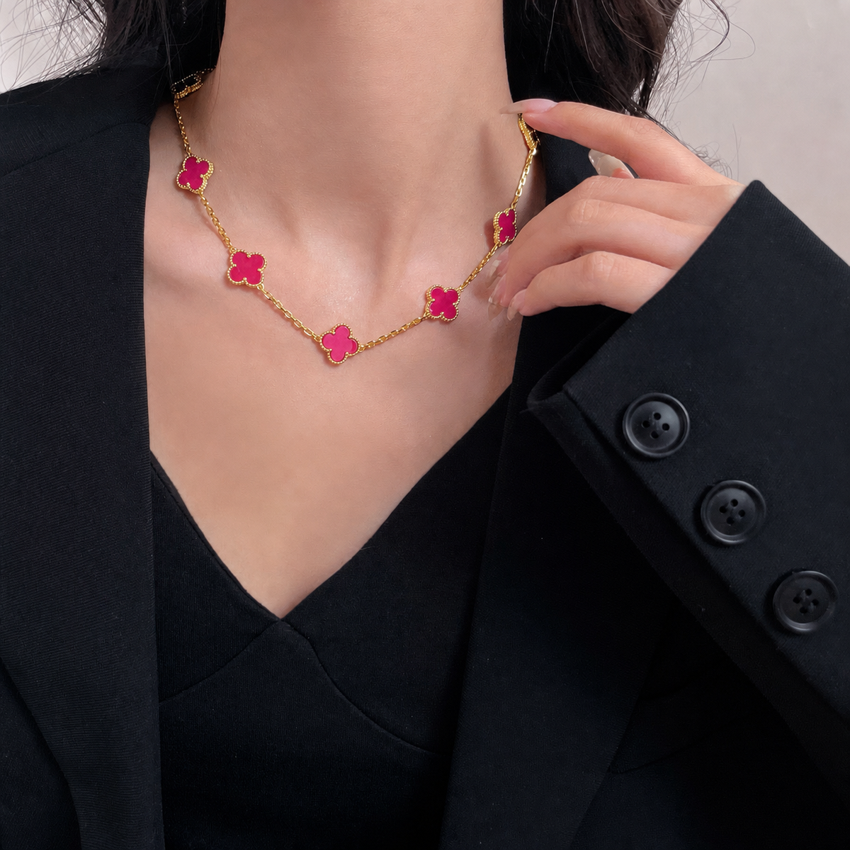 [Aura Jewels]NEW CLOVER 10 MOTIFS PINK ENAMEL NECKLACE