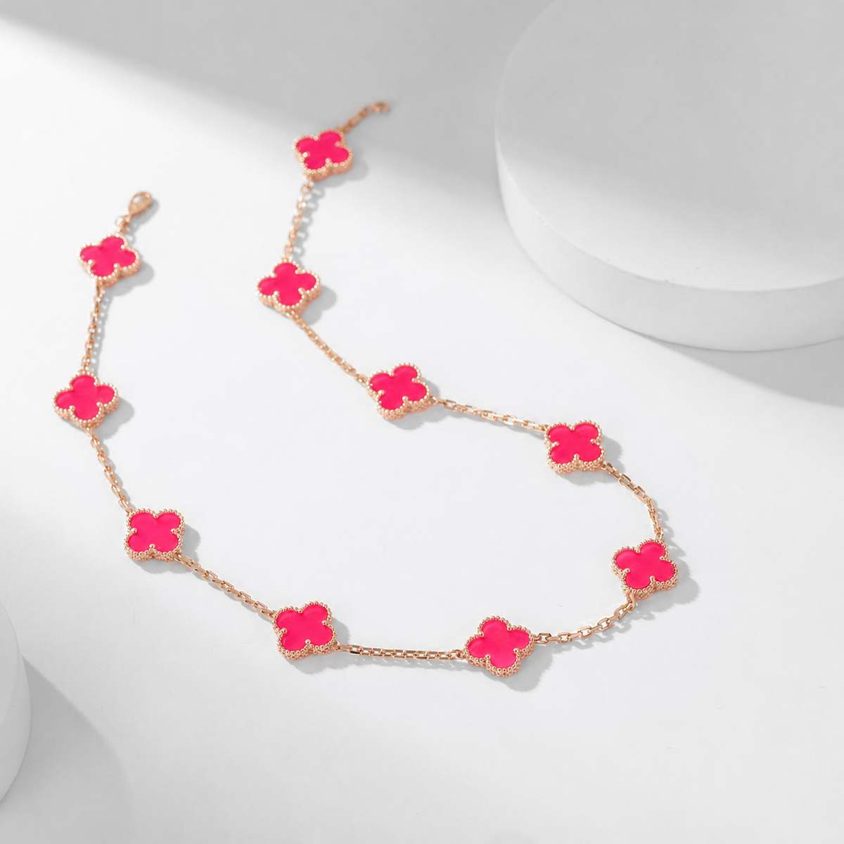 [Aura Jewels]NEW CLOVER 10 MOTIFS PINK ENAMEL NECKLACE