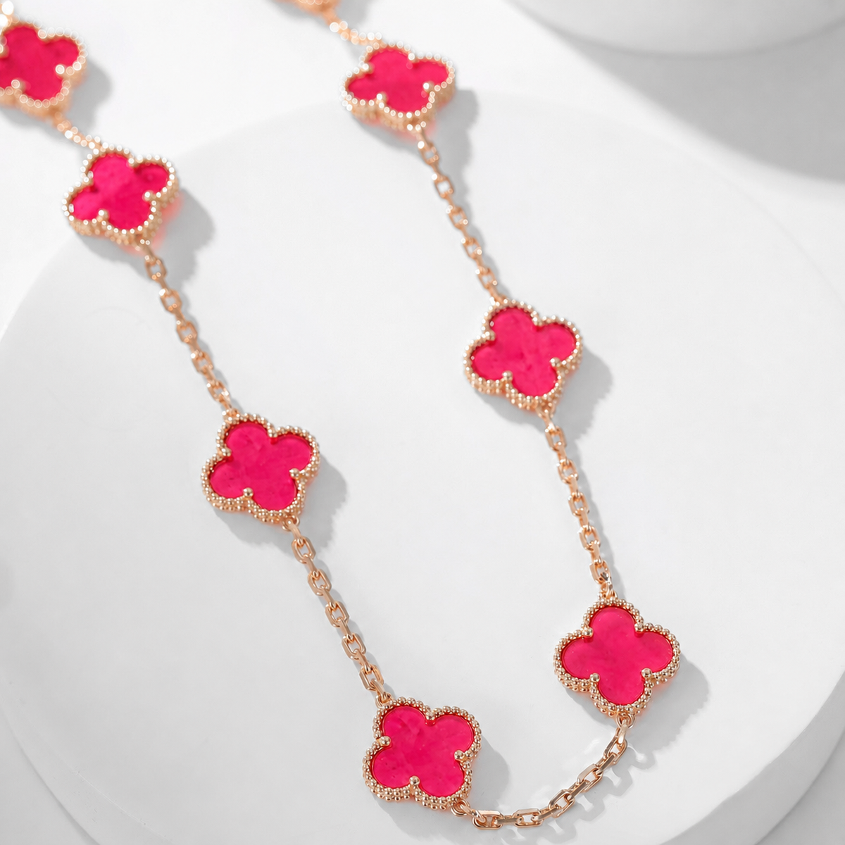 [Aura Jewels]NEW CLOVER 10 MOTIFS PINK ENAMEL NECKLACE