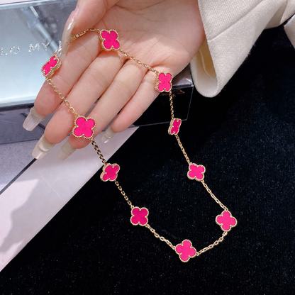 [Aura Jewels]NEW CLOVER 10 MOTIFS PINK ENAMEL NECKLACE