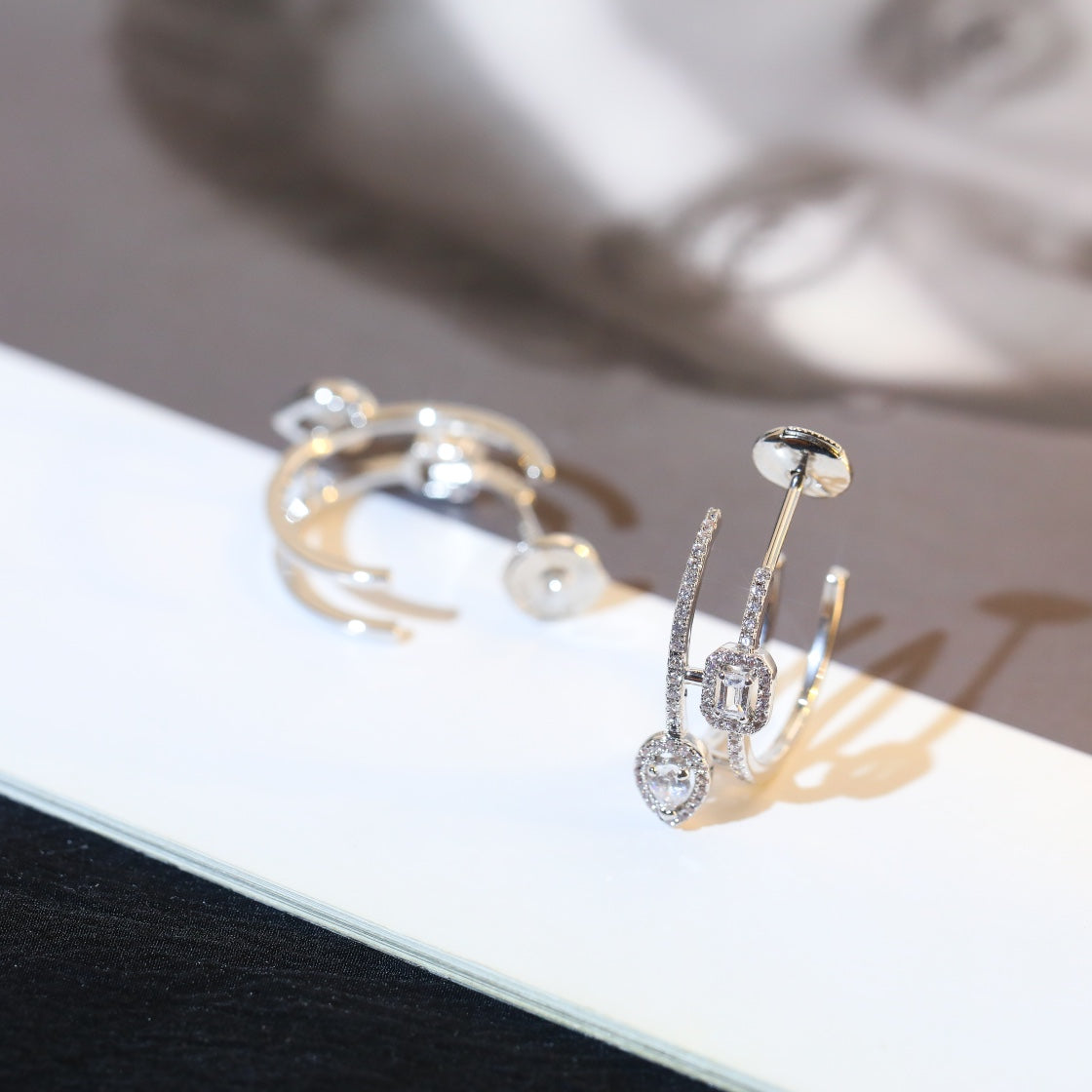 [Regal Jewels]CREOLES MY TWIN 2 RANGS SILVER DIAMOND EARRINGS