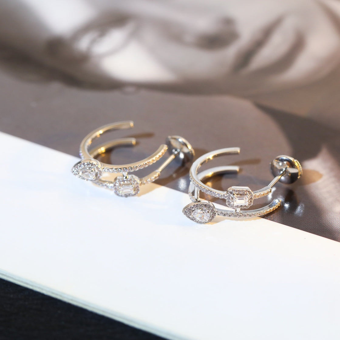 [Regal Jewels]CREOLES MY TWIN 2 RANGS SILVER DIAMOND EARRINGS