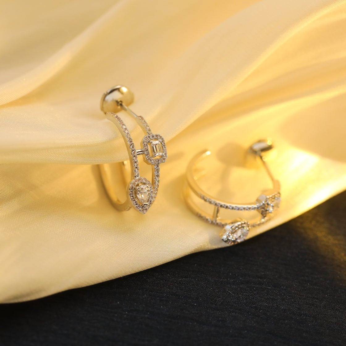 [Regal Jewels]CREOLES MY TWIN 2 RANGS SILVER DIAMOND EARRINGS
