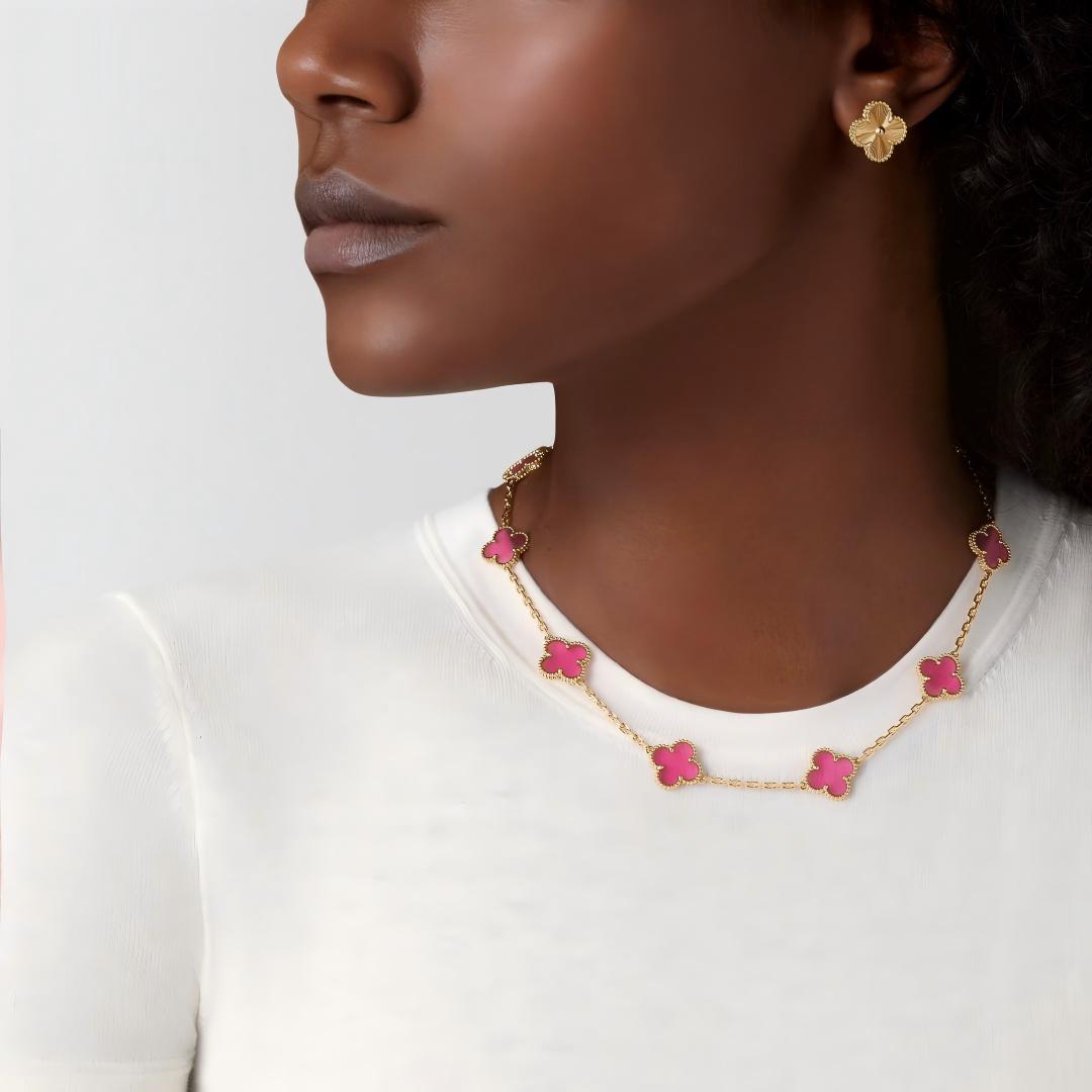 [Aura Jewels]NEW CLOVER 10 MOTIFS PINK ENAMEL NECKLACE