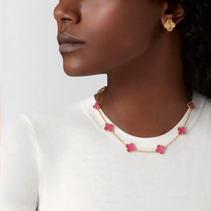 [Aura Jewels]NEW CLOVER 10 MOTIFS PINK ENAMEL NECKLACE