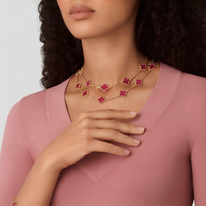 [Aura Jewels] NEW CLOVER 20 MOTIFS PINK ENAMEL NECKLACE