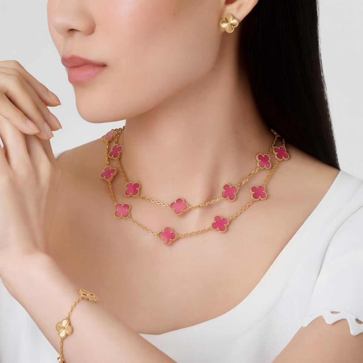 [Aura Jewels] NEW CLOVER 20 MOTIFS PINK ENAMEL NECKLACE
