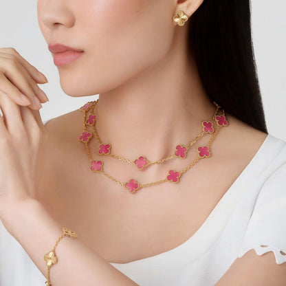 [Aura Jewels] NEW CLOVER 20 MOTIFS PINK ENAMEL NECKLACE