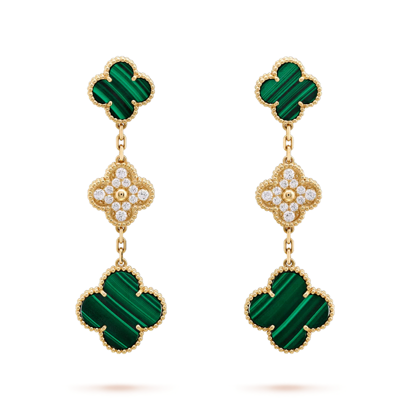 [Regal Jewels]CLOVER EARRINGS GOLD MALACHITE DIAMOND 3 MOTIF