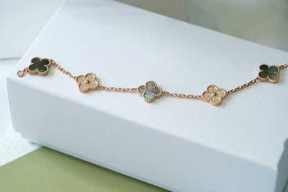 [Regal Jewels]CLOVER 5 MOTIFS DARK MOP AND DIAMONDS PINK GOLD BRACELET