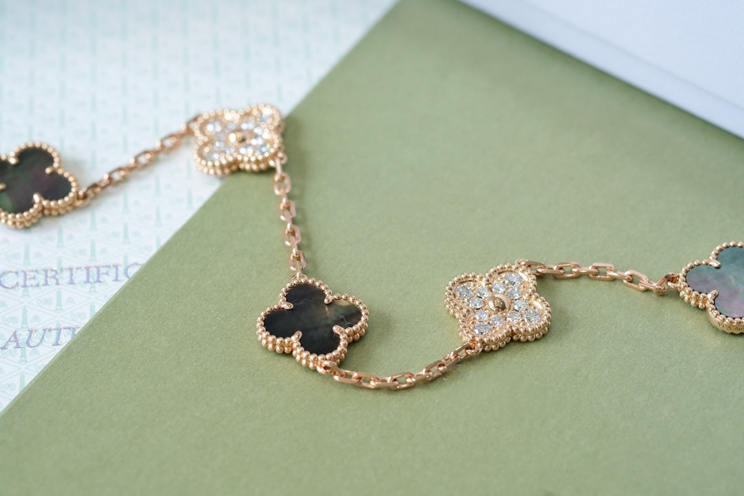 [Regal Jewels]CLOVER 5 MOTIFS DARK MOP AND DIAMONDS PINK GOLD BRACELET